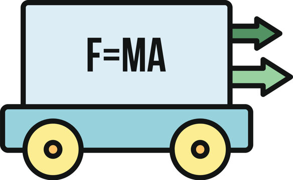 Physics concept showing an equation for force, mass, and acceleration on a moving cart