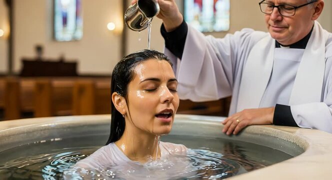 Priest performing baptism on young woman in church. Clergyman pouring holy water over head of adult woman at font. Religious ritual, faith and grace ceremony.