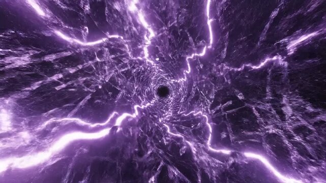 Swirling purple wormhole tunnel with electric lightning and dark singularity, sci-fi portal. Perfect for concepts involving alien technology, hyperspace travel