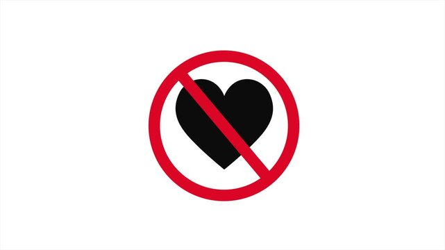 No Love Sign Animation With Forbidden Heart Symbol Inside Red Prohibition Circle And Diagonal Line 4K Loop Animation