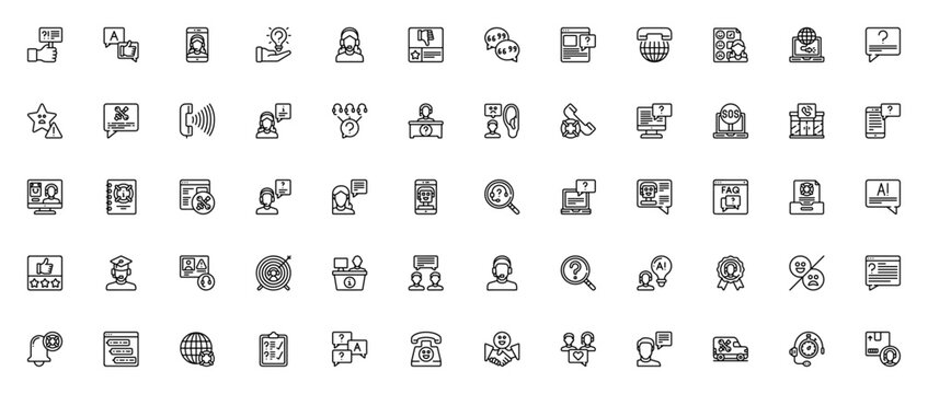 Customer service icon set. Minimalist line vector pack. Includes symbols for support, chat, call center, feedback, FAQ, phone, laptop, message, bot, review and more.