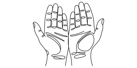 Continuous line drawing of two open human hands showing palms facing up in a simple artistic black and white sketch style for minimalist design projects © Jagonnath