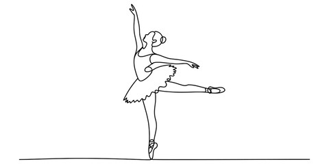 Continuous single line drawing of a graceful ballerina dancer performing a ballet pose in a tutu dress and pointe shoes for artistic dance performance © Jagonnath