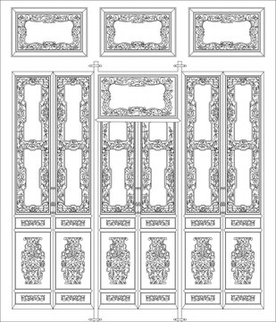 Technical line art illustration of grand oriental folding doors featuring ornate floral carvings, decorative vases, and filigree transom panels