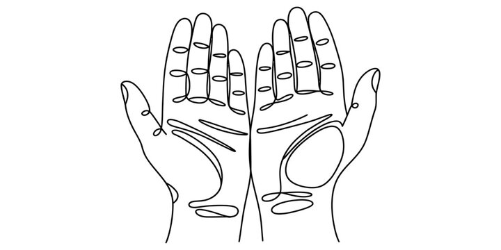 Continuous line drawing of two open human hands showing palms facing up in a simple artistic black and white sketch style for minimalist design projects