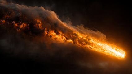 Bright fiery meteor with burning trail and dark smoky sky, dynamic cinematic rendering, concept for disaster scenario, space exploration illustration