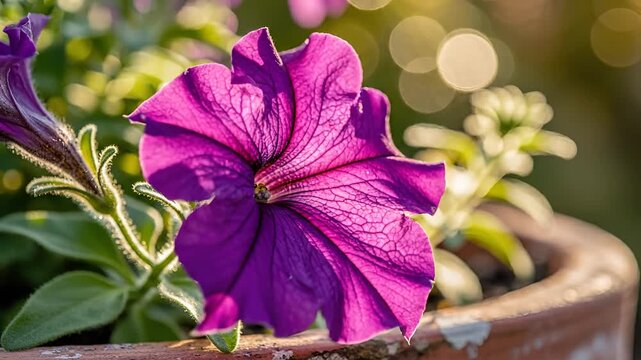 Closeup of a Vibrant Purple Petunia Flower in a Garden Pot.