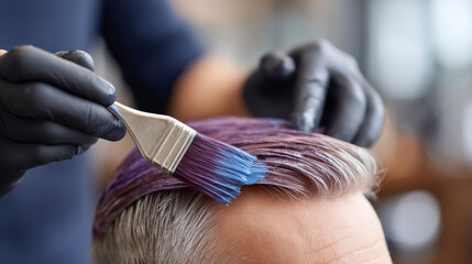 Naklejka premium Professional hair coloring in salon setting with vibrant purple and blue dye techniques
