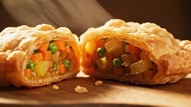Delicious Vegetable Pasty Cut in Half Revealing Colorful Filling on Wooden Board.