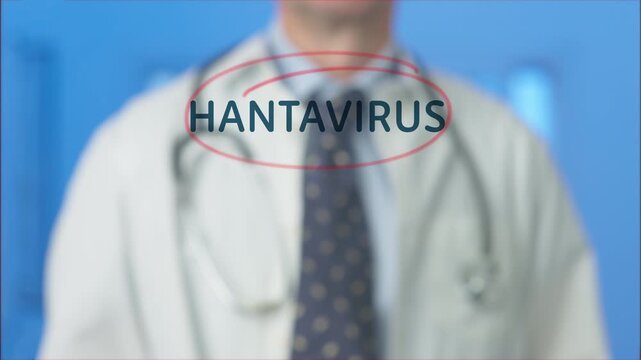 Medical professional in a lab coat using a red marker to circle the word hantavirus on a virtual screen, representing diagnosis, research, and awareness of the dangerous viral infection