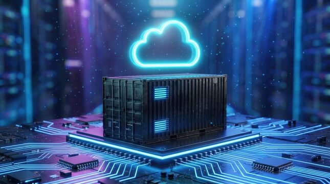 Cloud Computing Containerization Concept with Shipping Container on Circuit Board and Glowing Cloud Icon in Data Center