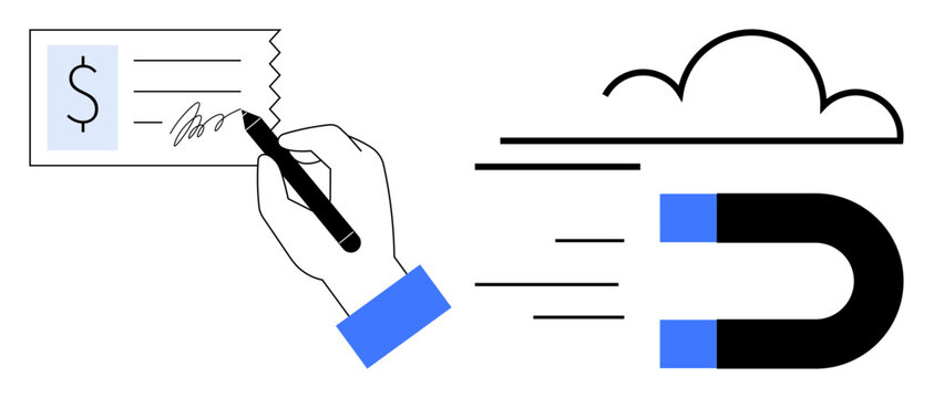 Financial transactions, online payments, cloud technology, marketing concepts, magnetism, customer attraction. A hand signing a check with a magnet pulling a cloud into movement. Financial