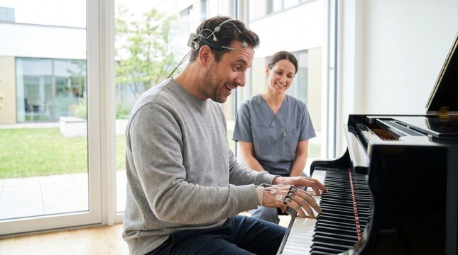 Man with a brain computer interface and robotic glove playing the piano with a therapist