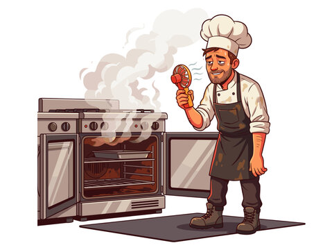 Person Using Portable Fan. Worker in Kitchen Trying to Cool Down After Intense Cooking Session With Oven Smoke Swirling Around
