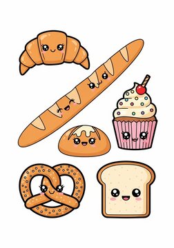 Cartoon baked goods with smiling faces isolated