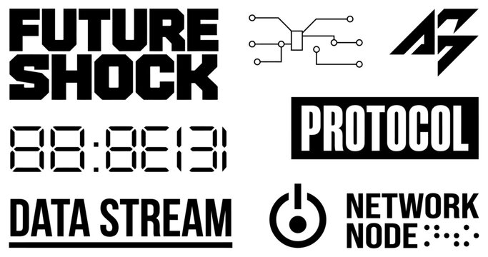 Collection of futuristic typographic elements including bold text phrases digital clock numbers circuit board diagrams power symbols and geometric abstract icons in a minimalist black style