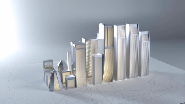 Architectural model of a city growing from a blueprint representing development