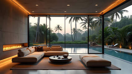 Fototapeta premium Modern luxury living room with linear fireplace and infinity pool view, minimalist interior design at sunset.