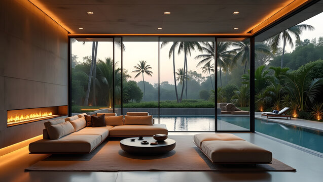 Modern luxury living room with linear fireplace and infinity pool view, minimalist interior design at sunset.