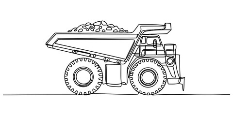 Continuous single line drawing of a heavy mining dump truck carrying a load of rocks for construction transport and industrial heavy machinery work © Jagonnath