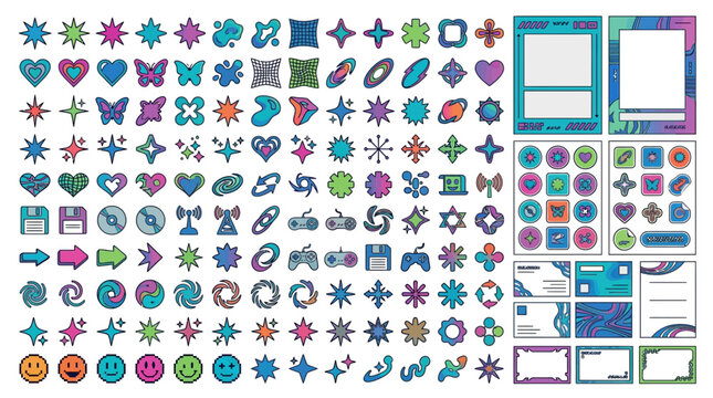 Colorful sticker set with various shapes and icons