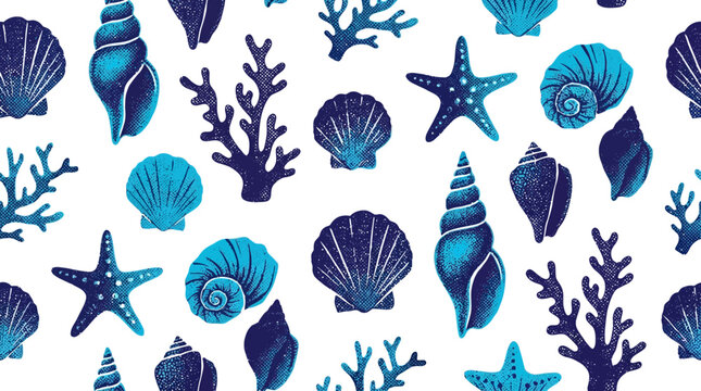 Blue seashells and starfish on a in a repeating pattern