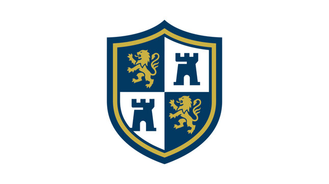 Blue and gold shield with lions and castle towers