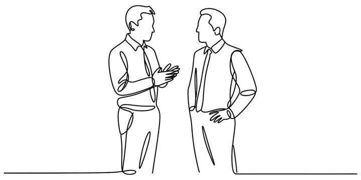 Two business men talking and standing together in a professional office setting drawn in a simple continuous single line art style illustration