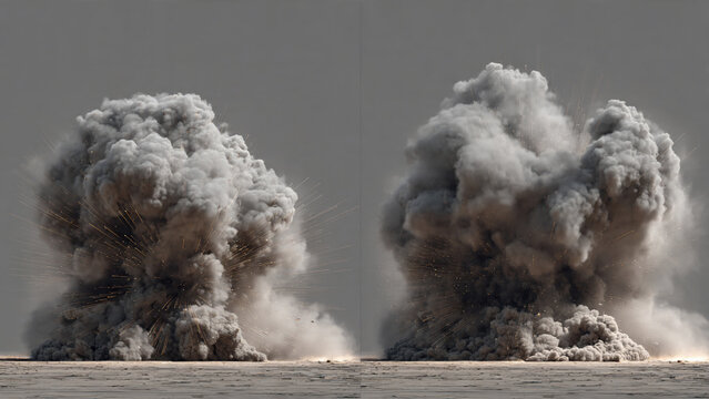 Massive explosion with gray smoke plumes and flying debris sparks, cinematic ground-level shot, concept for action film effects, disaster.