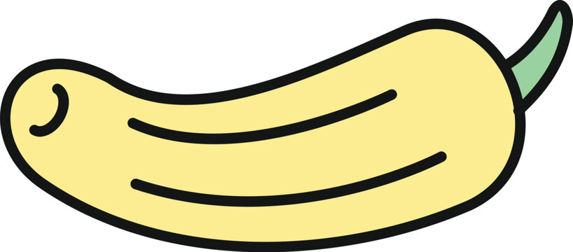 Yellow zucchini squash drawing with black outline and green stem