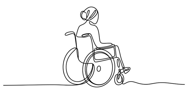 Continuous one line drawing of a woman sitting in a wheelchair as a symbol of accessibility and disability support services for medical healthcare patients Vector, illustration