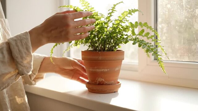 Closeup of a person holding a potted fern plant on a windowsill in soft natural sunlight