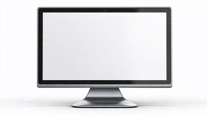 Fototapeta premium Sleek silver computer monitor with blank white screen and curved metallic stand, clean front view, ideal for website.