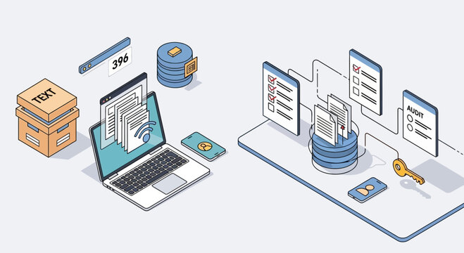 Data processing and digital document management vector illustration