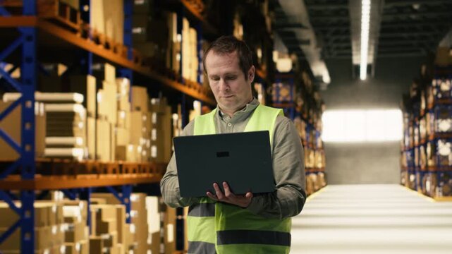 Warehouse staff member in facility checking pallets and packages, monitoring distribution on laptop. Inventory tracking and workflow planning improve efficiency for supply chain management.