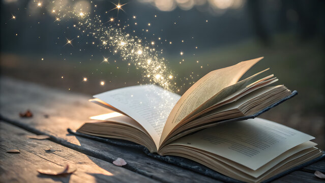 Open storybook with glowing light and flowing sparkles