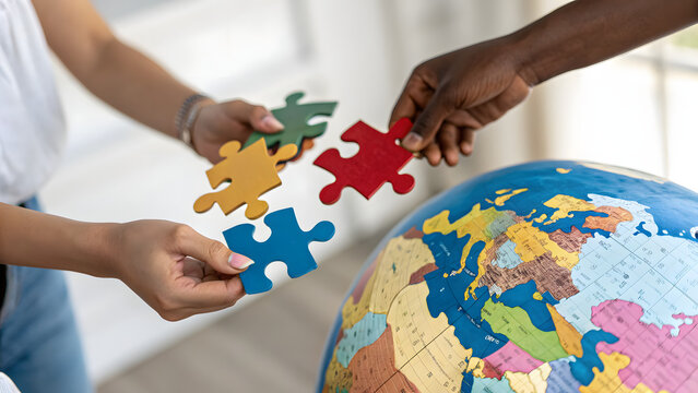 People assembling puzzle pieces on a globe showing global cooperation