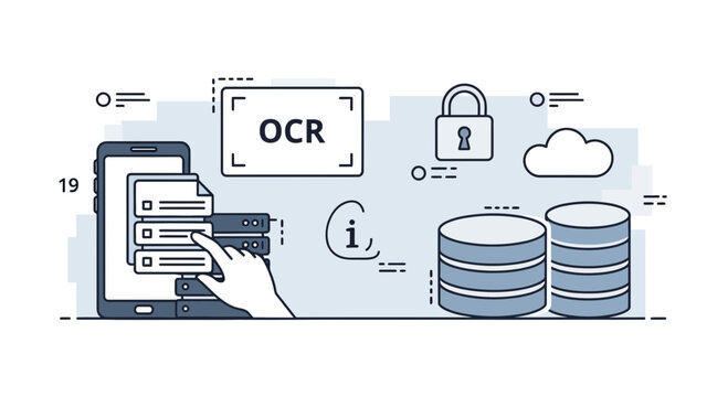 Data processing and security illustration with cloud storage and ocr technology