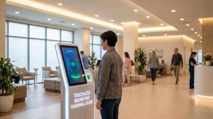 Fototapeta premium Woman looking at a touchless biometric thermal scan kiosk in a modern office lobby