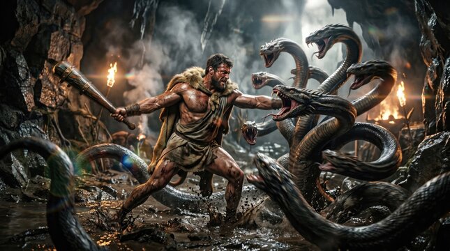 Hercules battles the Lernaean Hydra in a dark cave