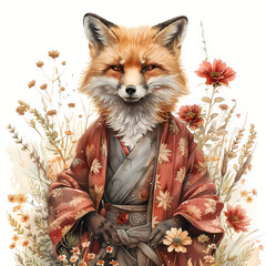 Fototapeta premium Anthropomorphic fox wearing a floral patterned kimono standing in a field of wildflowers. Animal in traditional Japanese clothing. Artistic illustration of a creature in nature theme.