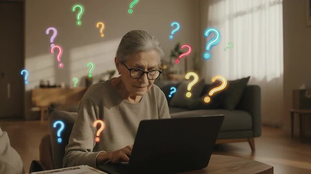 Senior woman struggling with laptop as colorful question marks illustrate confusion and digital uncertainty