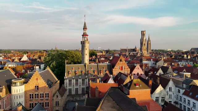 Bruges Aerial View of Poortersloge Tower and Medieval Cityscape at Sunset