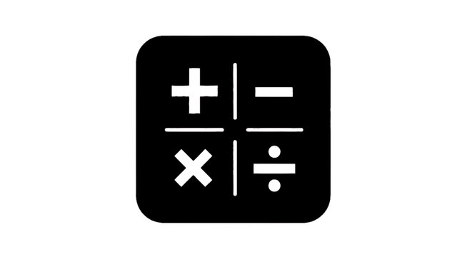 Minimal black silhouette icon, simple flat vector, bold black shape, no, no shading calculator icon with basic mathematical symbols on a black square background on a, flat icon style