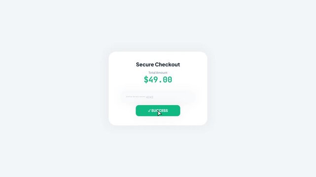 Digital secure checkout interface animation featuring a pay button and a green success confirmation