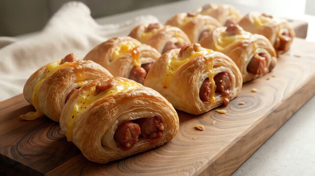 Golden brown sausage rolls with melted cheese on a rustic wooden board