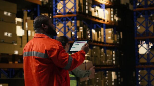 Scanning awb details, information on tablet, black man using scanner, in industrial fulfillment center. Staff member emphasizing manual labor for order fulfillment and e-commerce logistics.