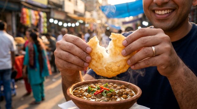 Man enjoying a bowl of chana masala with puri in a bustling outdoor street food market scene