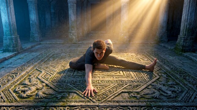 Man doing splits on ancient stone floor with columns in background