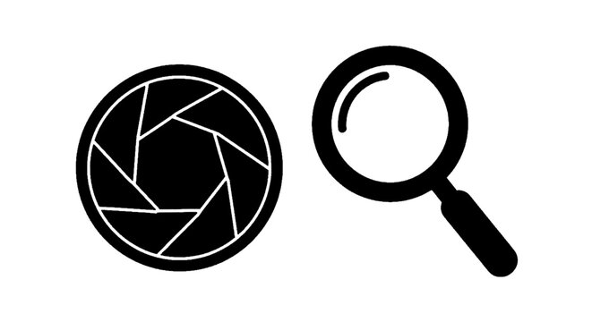 Minimal black silhouette icon, simple flat vector, bold black shape, no, no shading camera aperture and magnifying glass icons on a, flat icon style